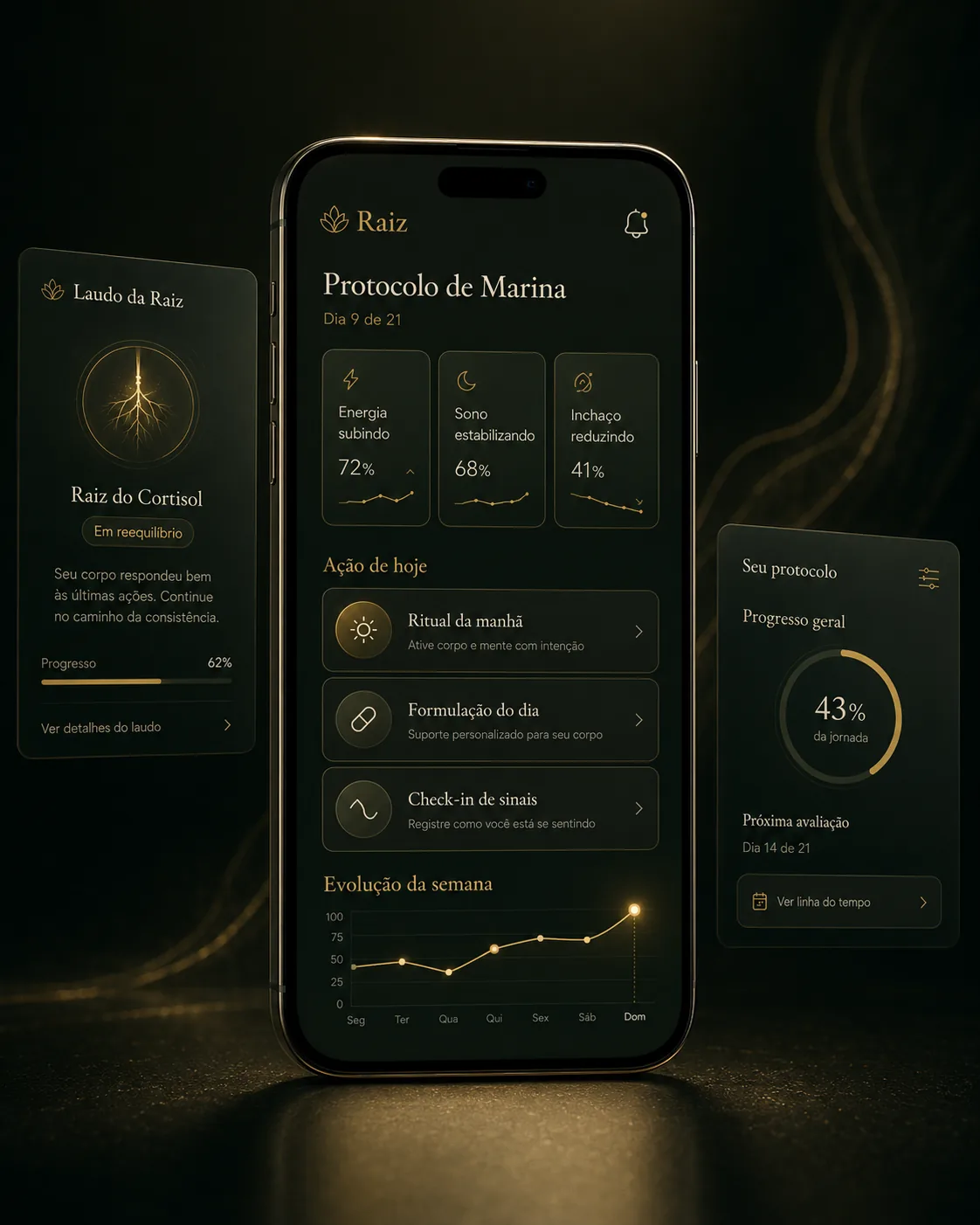 Telas do Protocolo Raiz no celular: formulação do dia, ritual guiado e acompanhamento