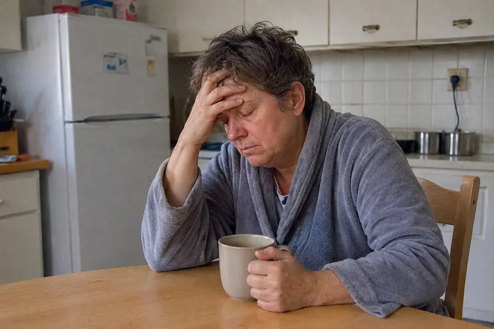 Pessoa cansada na cozinha de manhã com uma xícara de café